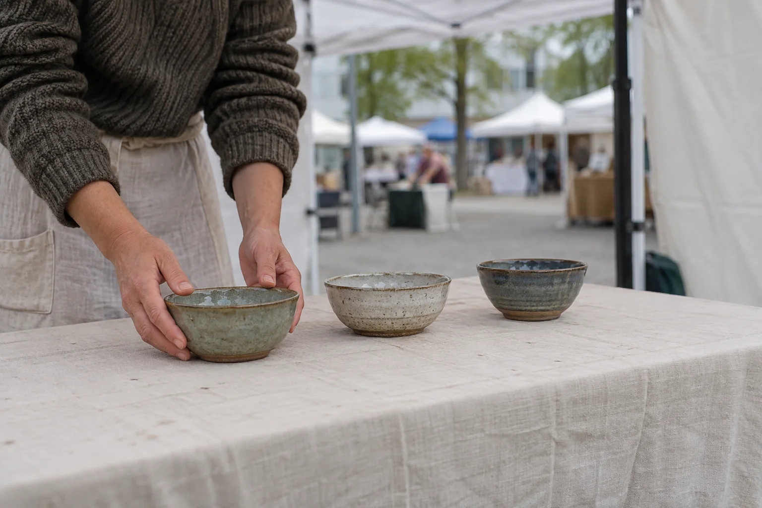 A ceramic maker arranging handmade bowls at a farmers market table