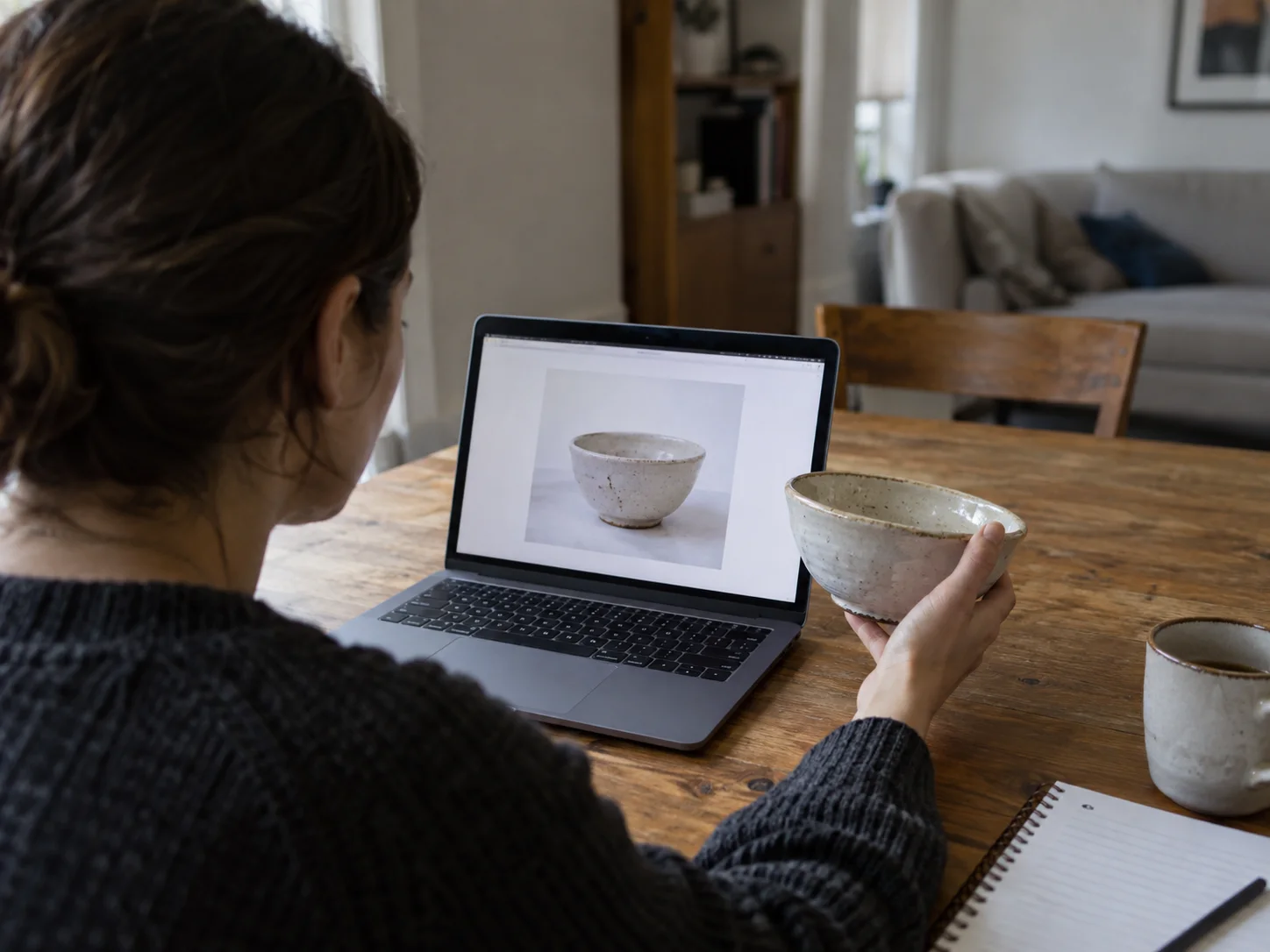 A maker comparing a handmade bowl with its product photo on a laptop