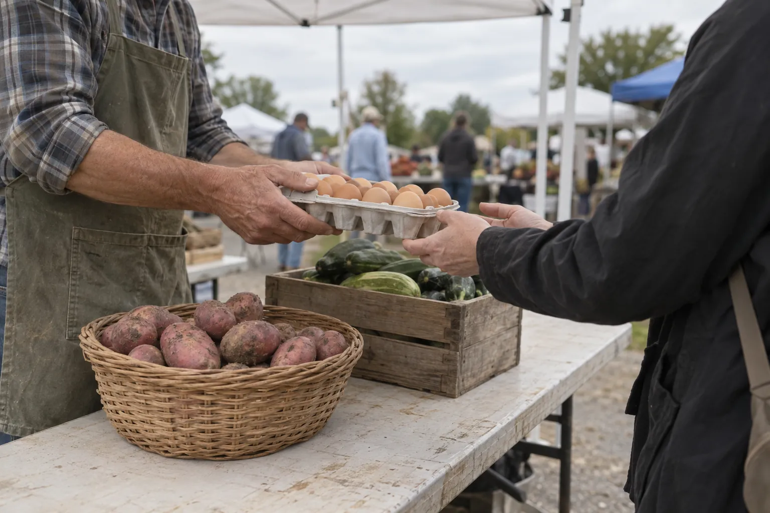 A farmer handing a customer a tray of eggs across a market table